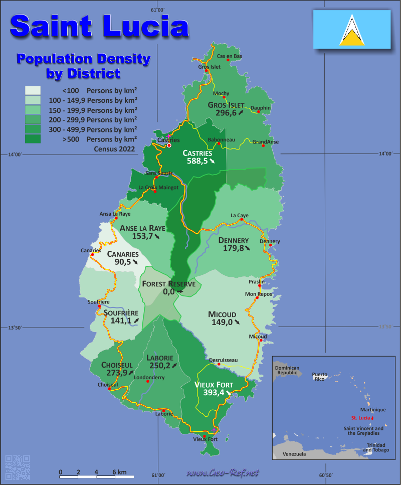 Map Saint Lucia - Administrative division - Population density 2020