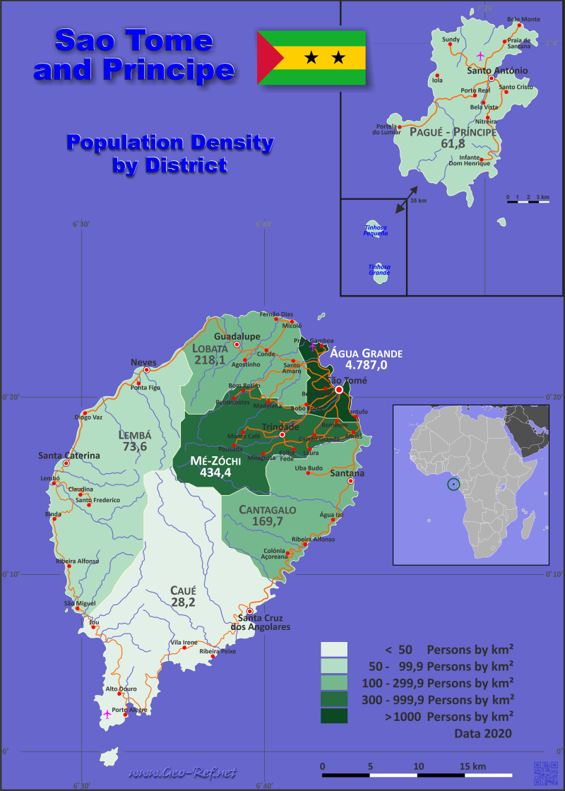 Mapa Santo Tomo y Príncipe División administrativa - Densidad de población 2020