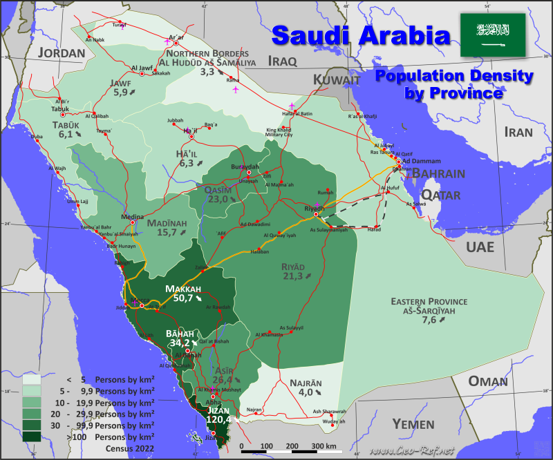 Karte Saudi Arabien - Verwaltungsstruktur - Bevölkerungsdichte 2022