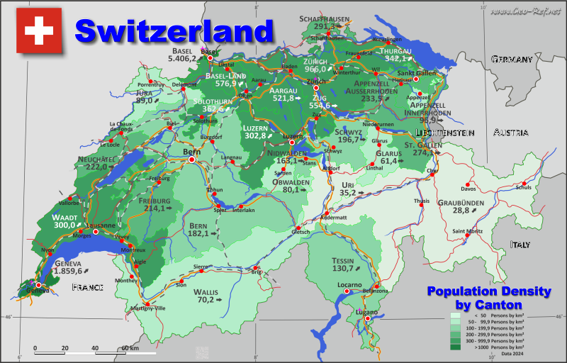 Mapa Suiza Divisin administrativa - Densidad de población 2023