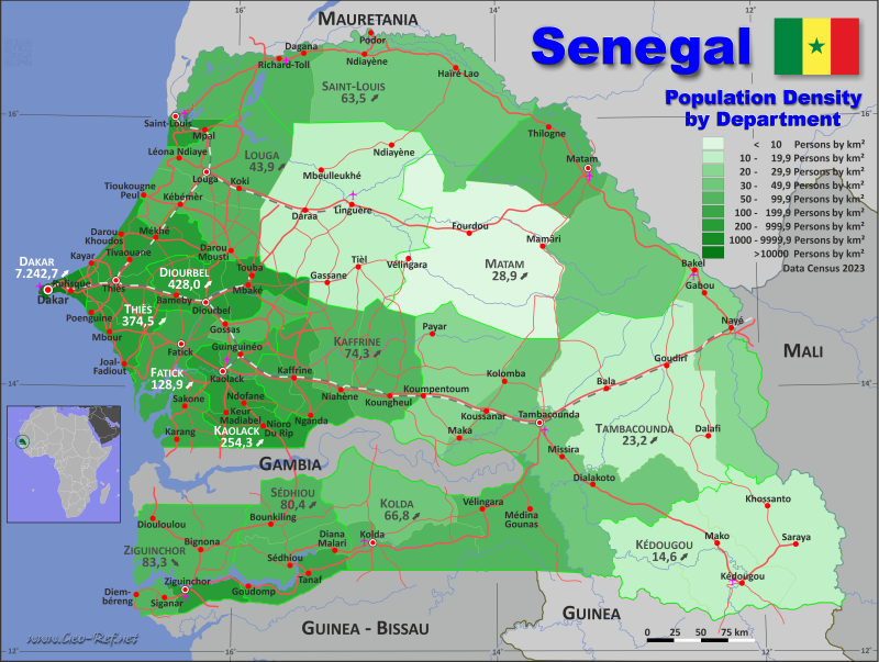 Mapa Senegal Divisin administrativa - Densidad de población 2023