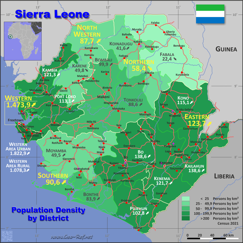 Mapa Sierra Leona División administrativa - Densidad de población 2021
