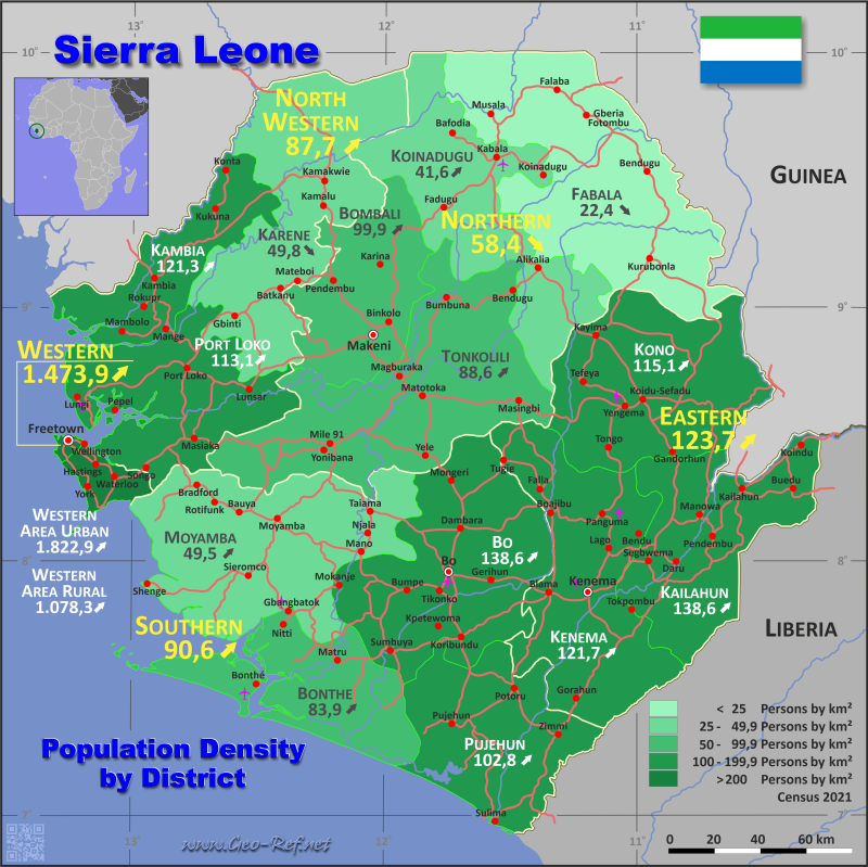 Mapa Sierra Leona Divisin administrativa - Densidad de población 2021