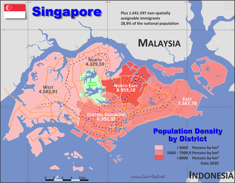 Mapa Singapur División administrativa - Densidad de población 2020