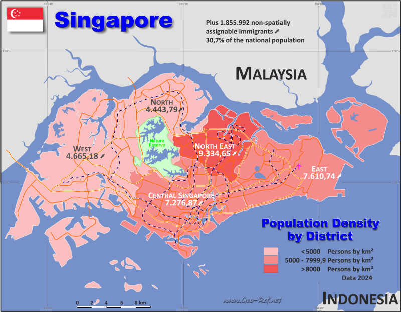Map Singapore - Administrative division - Population density 2024