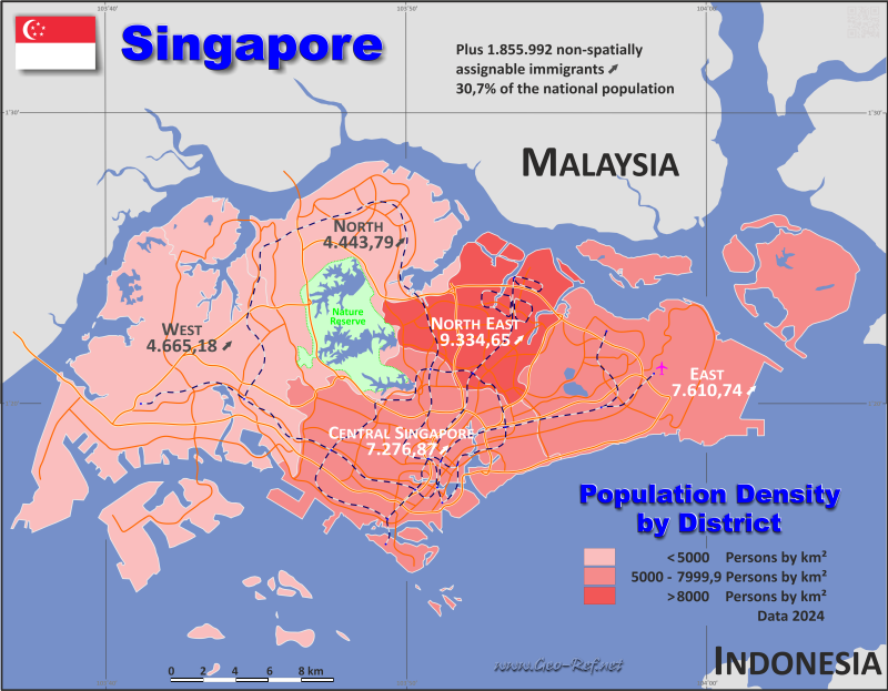 Map Singapore - Administrative division - Population density 2020