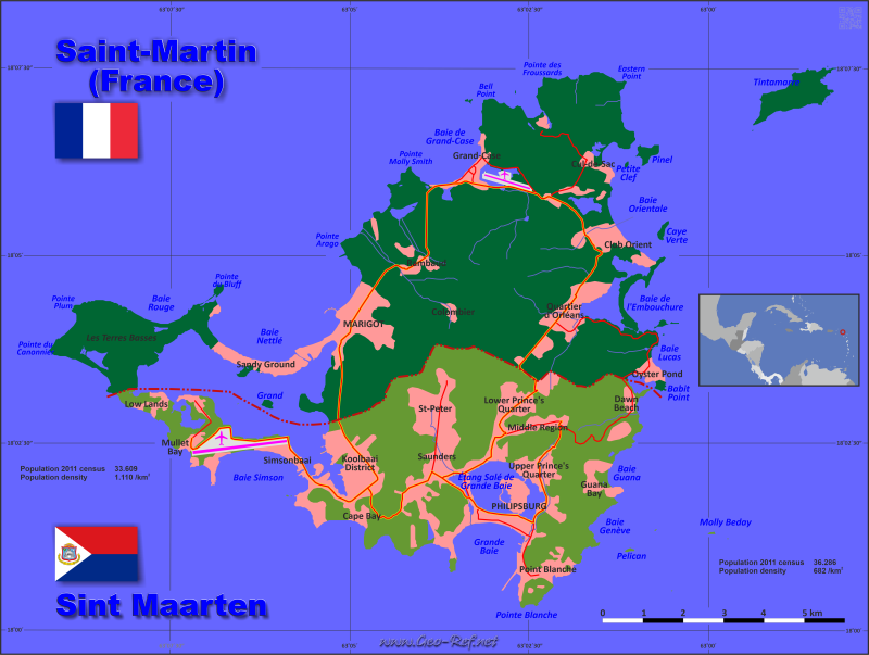 Mapa Sint Maarten División administrativa - Densidad de población 2020