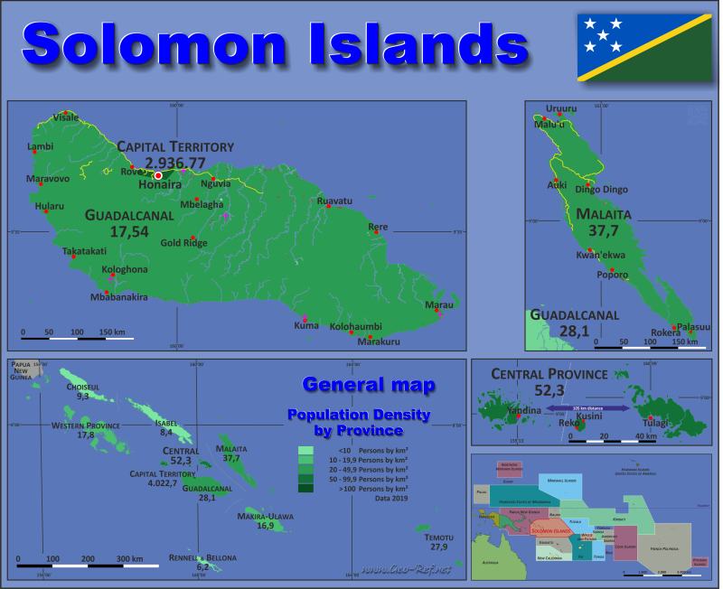 Mapa Islas Salomon Divisin administrativa - Densidad de población 2019