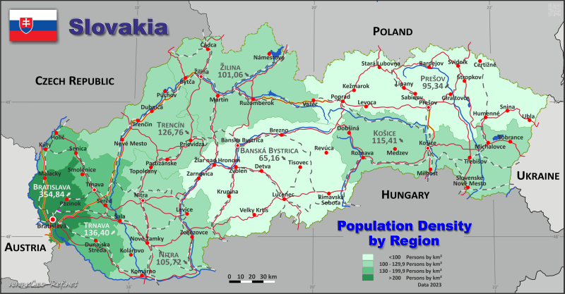 Mapa Eslovaquia División administrativa - Densidad de población 2022