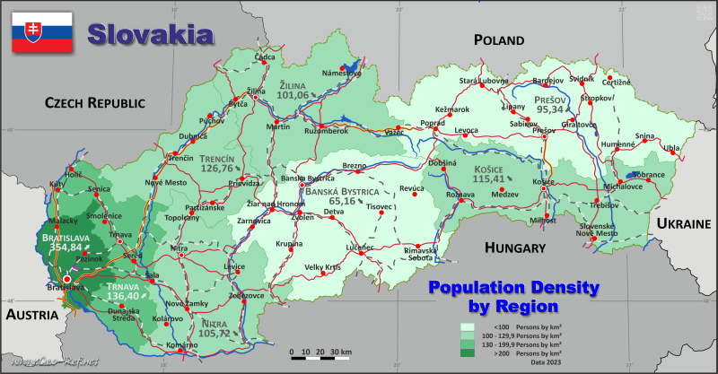 Mapa Eslovaquia Divisin administrativa - Densidad de población 2023