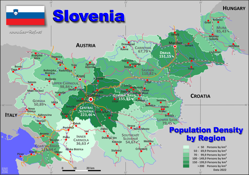 Mapa Eslovenia Divisin administrativa - Densidad de población 2022