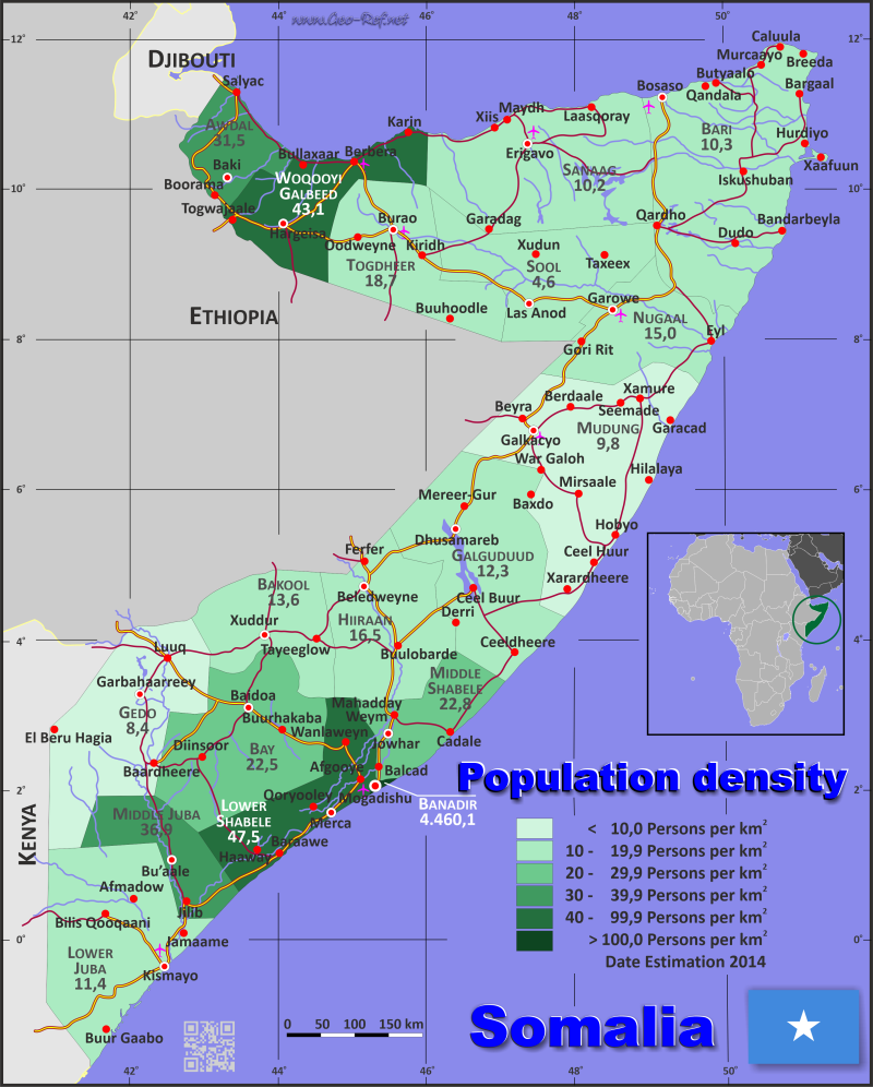 Karte Somalia - Verwaltungsstruktur - Bevölkerungsdichte 2014