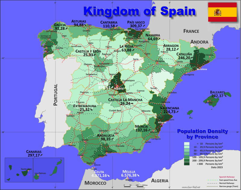 Karte Spanien - Verwaltungsstruktur - Bevölkerungsdichte 2021