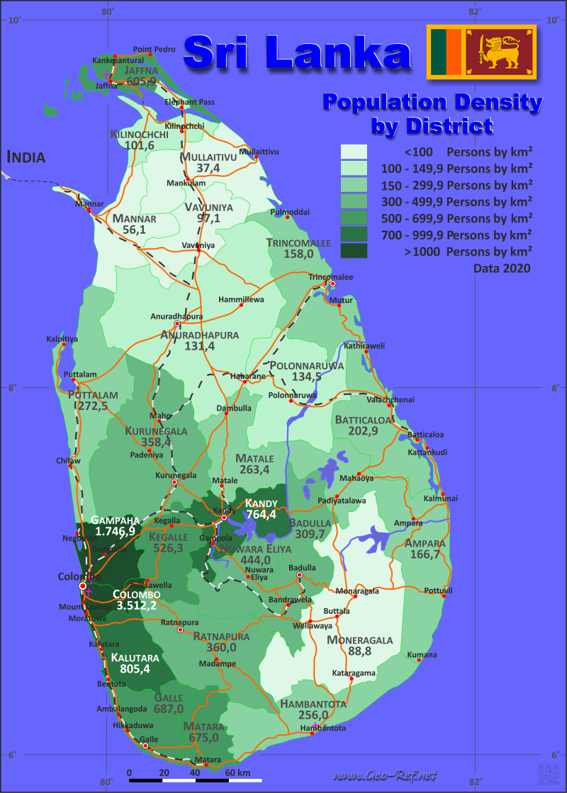 Karte Sri Lanka - Verwaltungsstruktur - Bevölkerungsdichte 2020