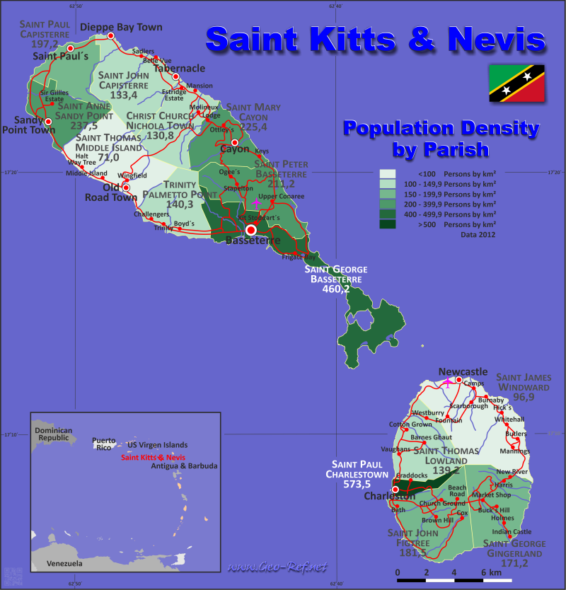 Karte Saint Kitts - Verwaltungsstruktur - Bevölkerungsdichte 2020