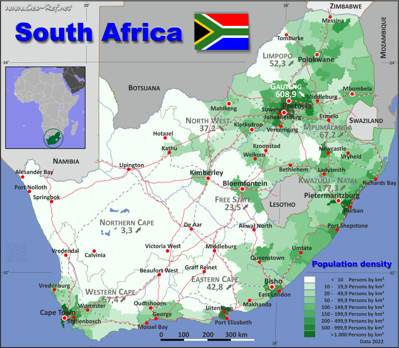 Karte Sdafrika - Verwaltungsstruktur - Bevölkerungsdichte 2022