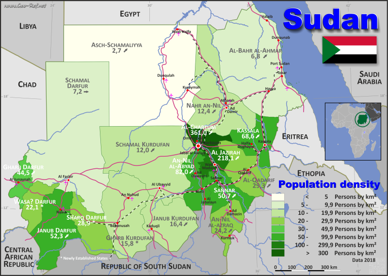 Mapa Sudán División administrativa - Densidad de población 2018
