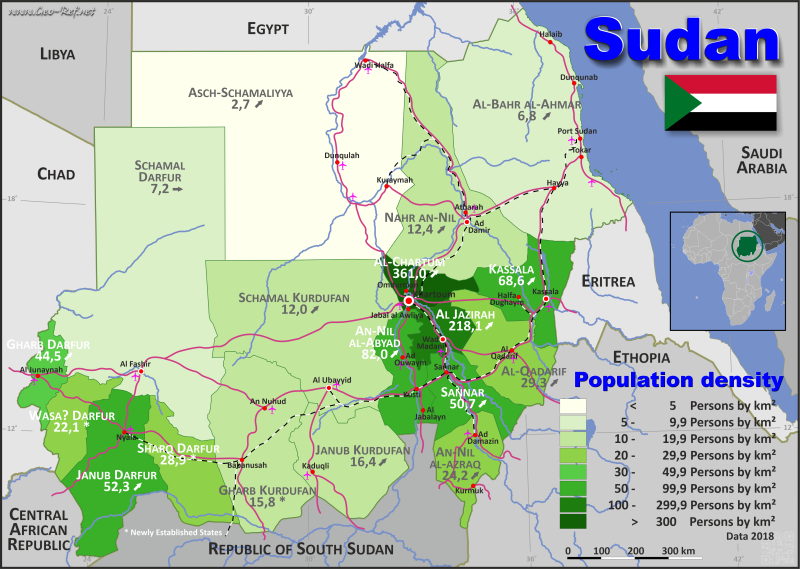 Mapa Sudn Divisin administrativa - Densidad de población 2018