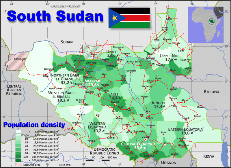 Karte Sdsudan - Verwaltungsstruktur - Bevölkerungsdichte 2017
