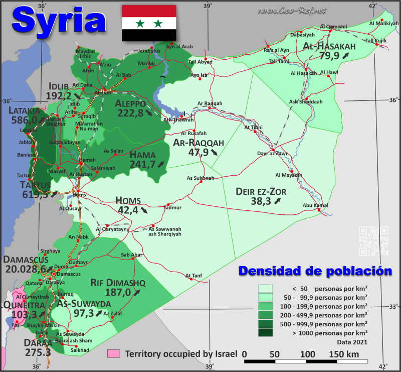 Mapa Siria División administrativa - Densidad de población 2021