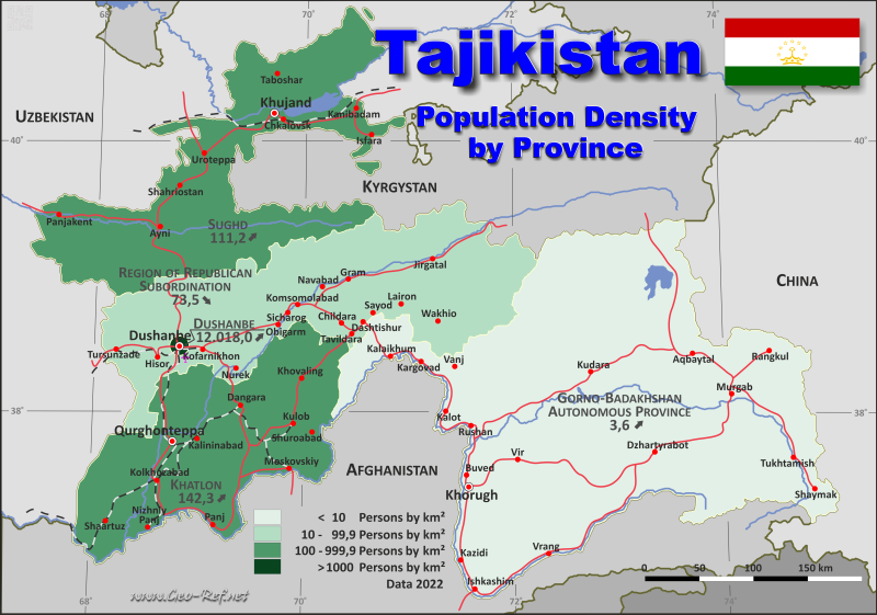 Karte Tadschikistan - Verwaltungsstruktur - Bevölkerungsdichte 2020