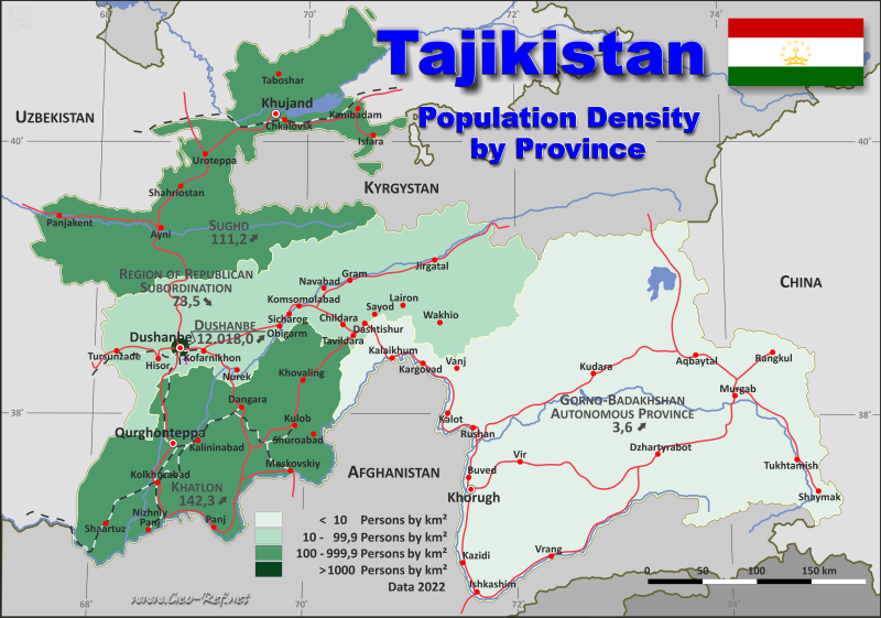 Karte Tadschikistan - Verwaltungsstruktur - Bevölkerungsdichte 2022