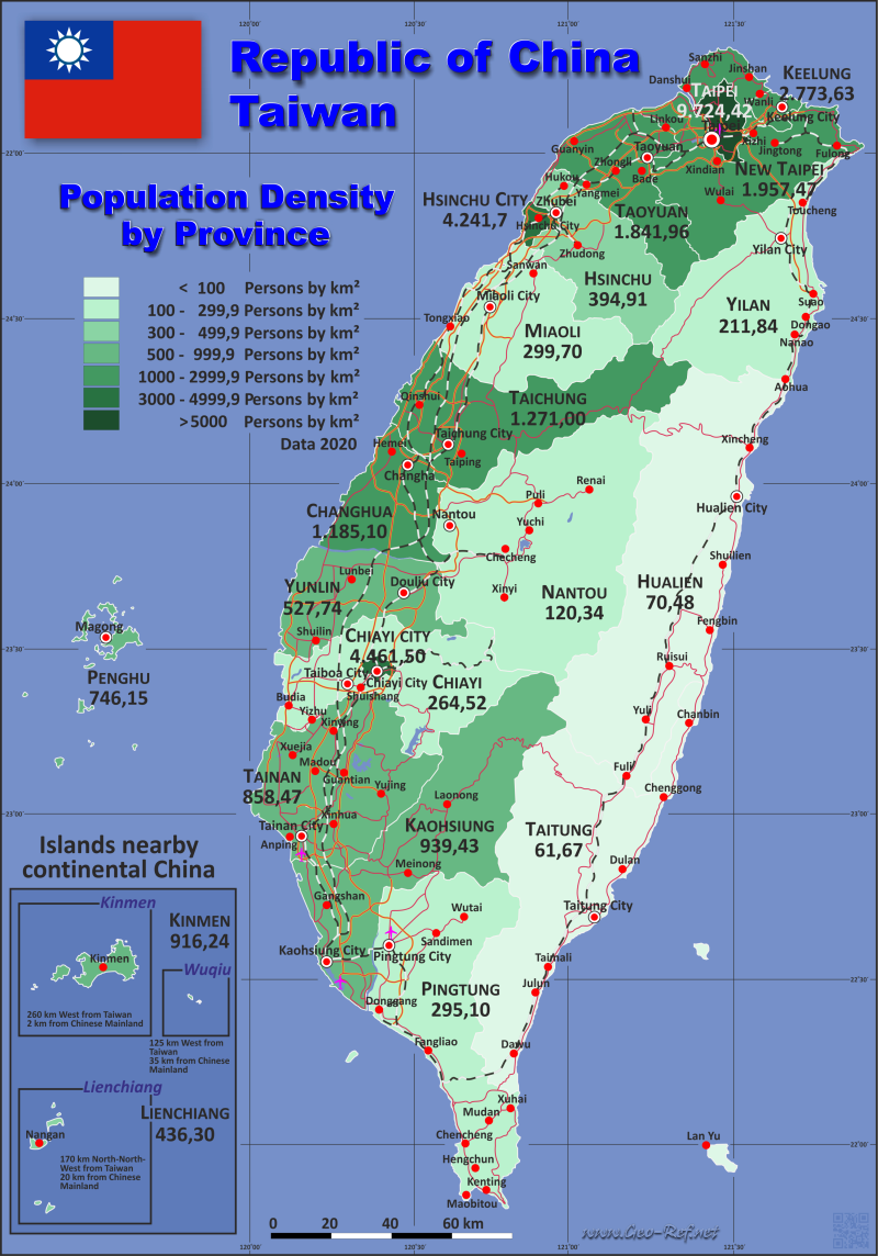 Mapa Taiwan Divisin administrativa - Densidad de población 2020