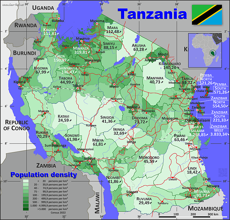 Map Tanzania - Administrative division - Population density 2022