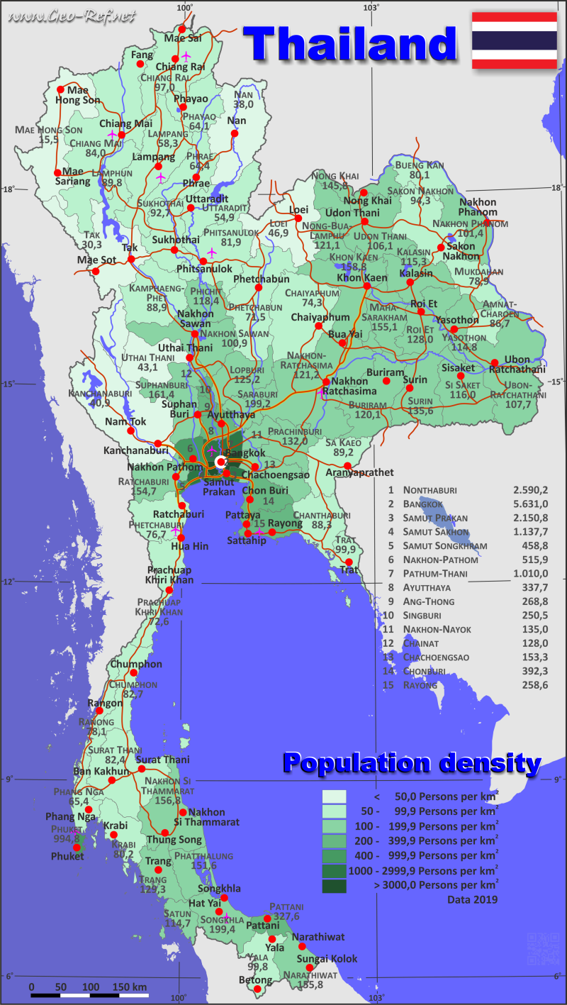 Mapa Tailandia Divisin administrativa - Densidad de población 2019