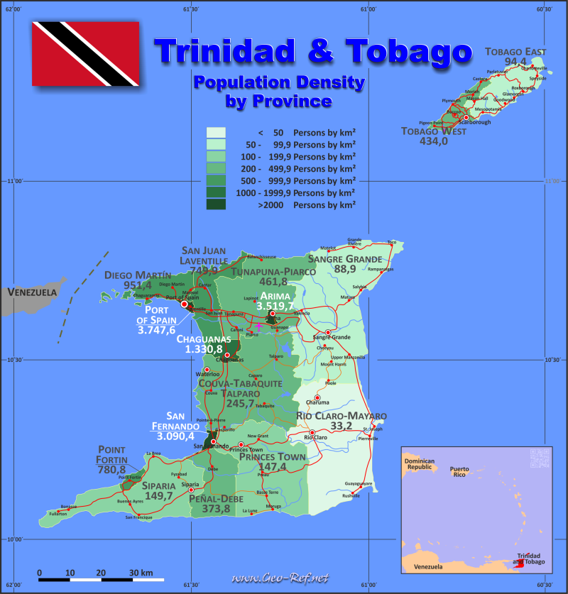 Mapa Trinidad y Tobago División administrativa - Densidad de población 2021