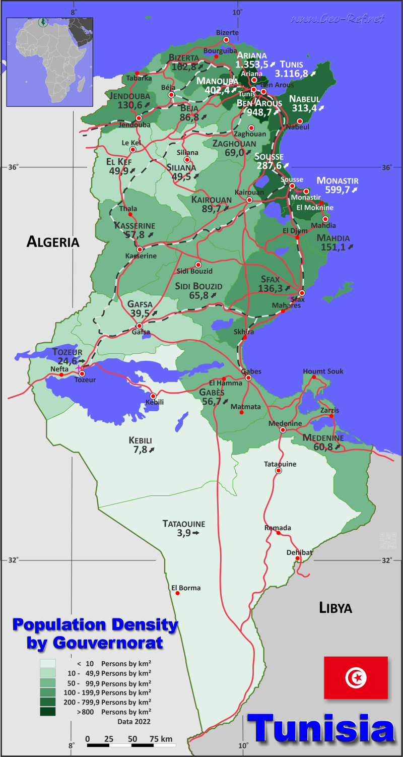 Map Tunisia - Administrative division - Population density 2023