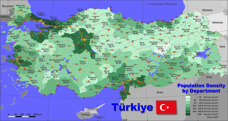 Mapa Turquia Divisin administrativa - Densidad de población 2022