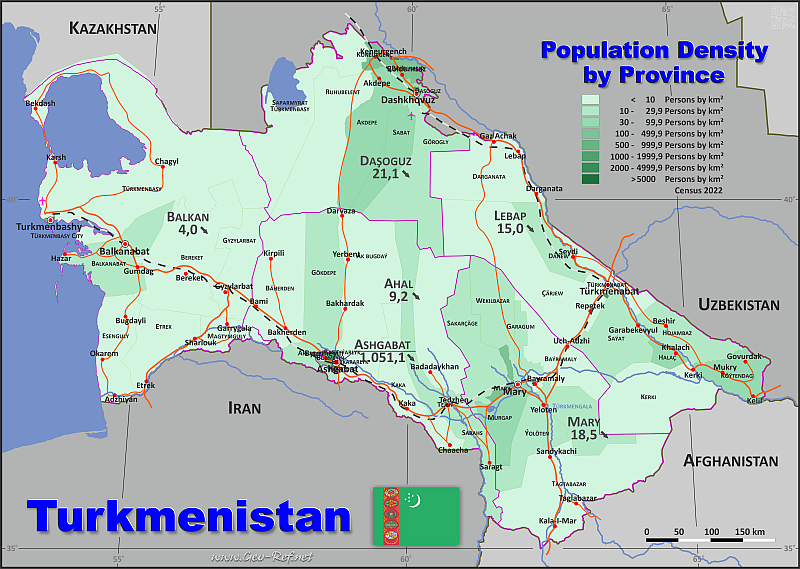 Mapa Turkmenistn Divisin administrativa - Densidad de población 2020