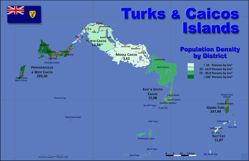 Mapa Islas Turcas y Caicos División administrativa - Densidad de población 2012