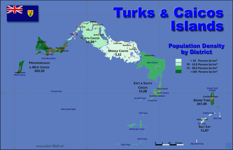 Mapa Islas Turcas y Caicos Divisin administrativa - Densidad de población 2012