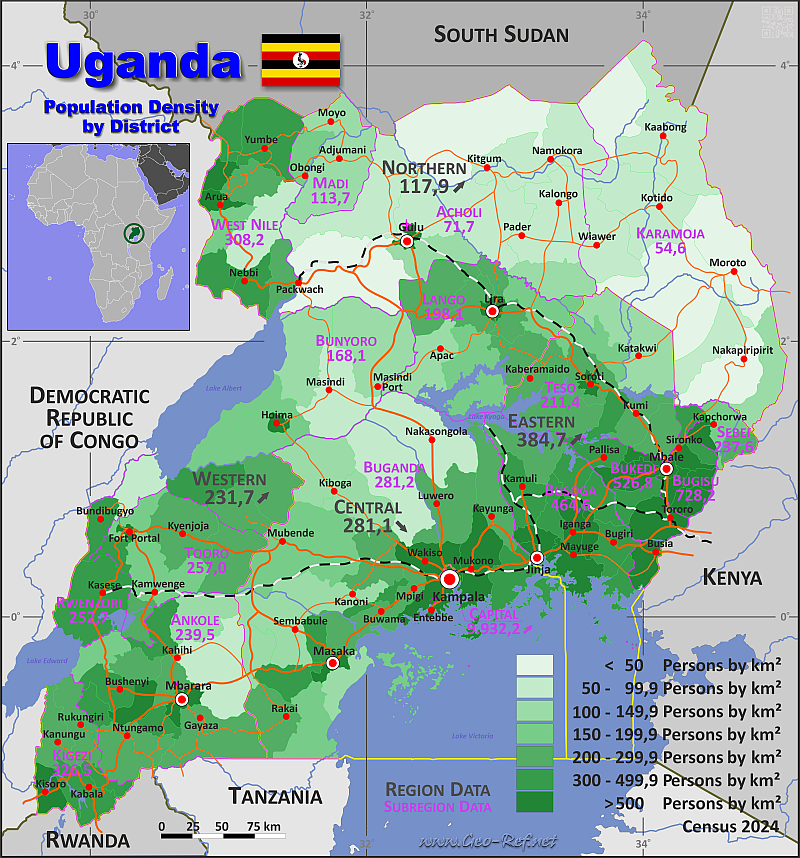 Karte Uganda - Verwaltungsstruktur - Bevölkerungsdichte 2020