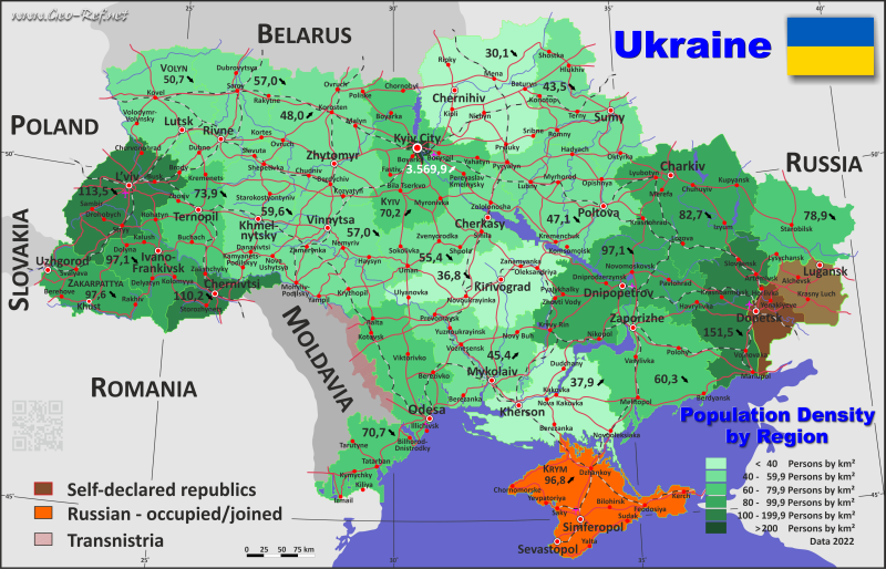 Mapa Ucrania Divisin administrativa - Densidad de población 2022