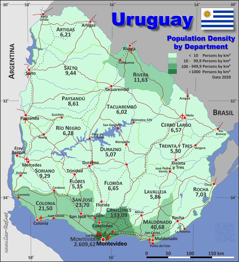 Karte Uruguay - Verwaltungsstruktur - Bevölkerungsdichte 2020