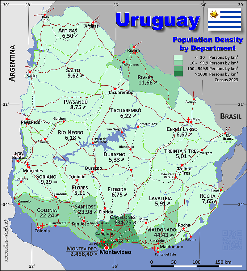 Mapa Uruguay Divisin administrativa - Densidad de población 2020