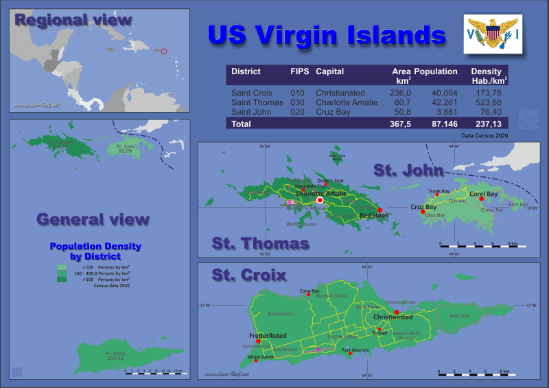 Mapa Islas Vrgenes de los EEUU Divisin administrativa - Densidad de población 2021