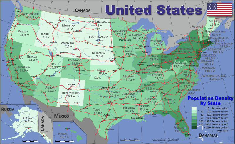 Mapa EEUU División administrativa - Densidad de población 2022