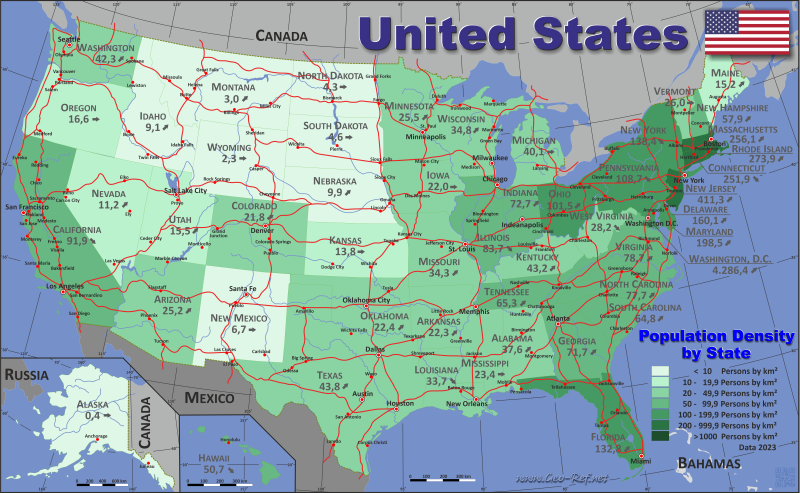 Map United States of America - Administrative division - Population density 2023