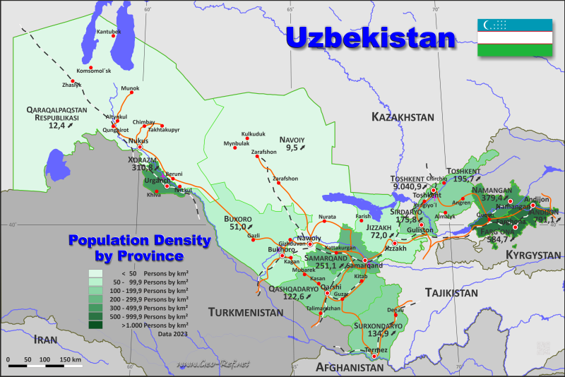 Map Uzbekistan Popultion Density By Administrative Division