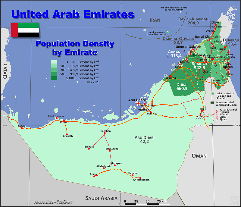 Karte Vereinigte Arabische Emirate - Verwaltungsstruktur - Bevölkerungsdichte 2016