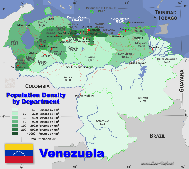 Karte Venezuela - Verwaltungsstruktur - Bevölkerungsdichte 2019