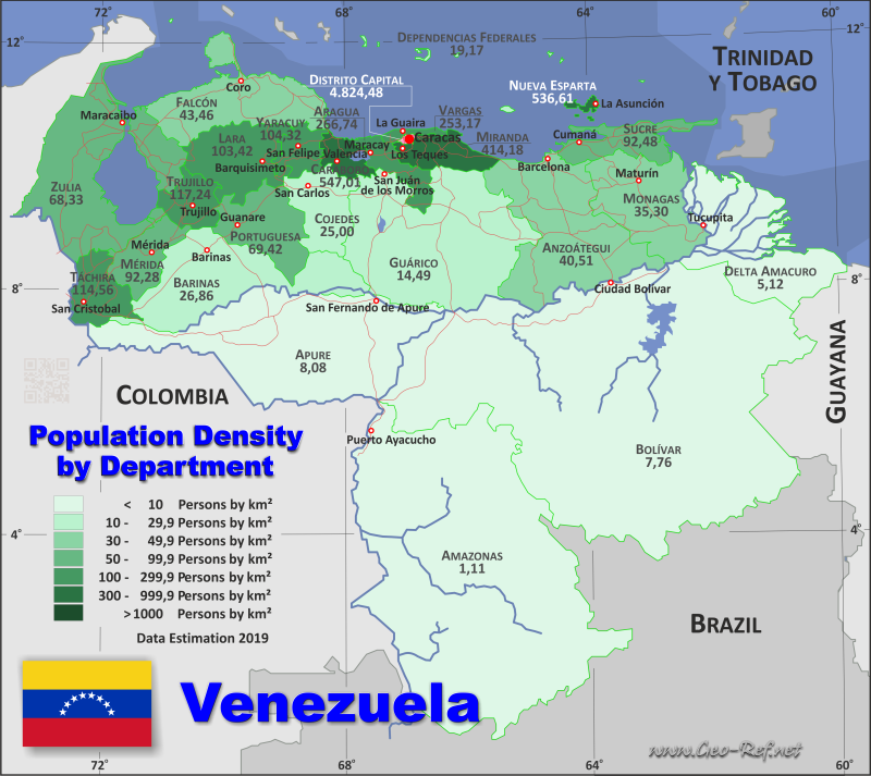 Mapa Venezuela Divisin administrativa - Densidad de población 2019