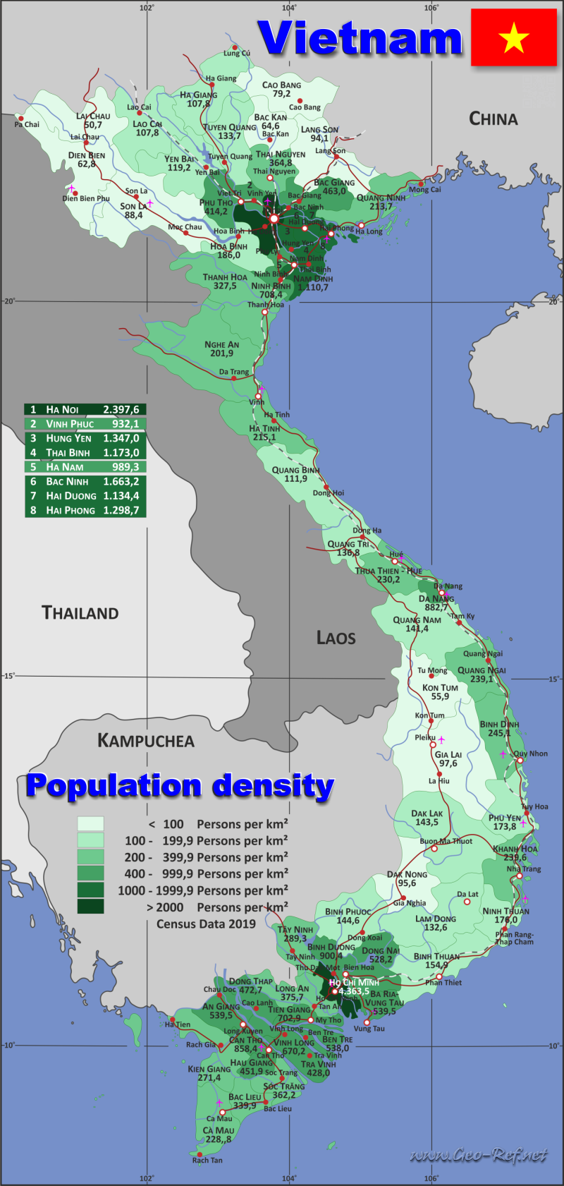Mapa Vietnam División administrativa - Densidad de población 2019