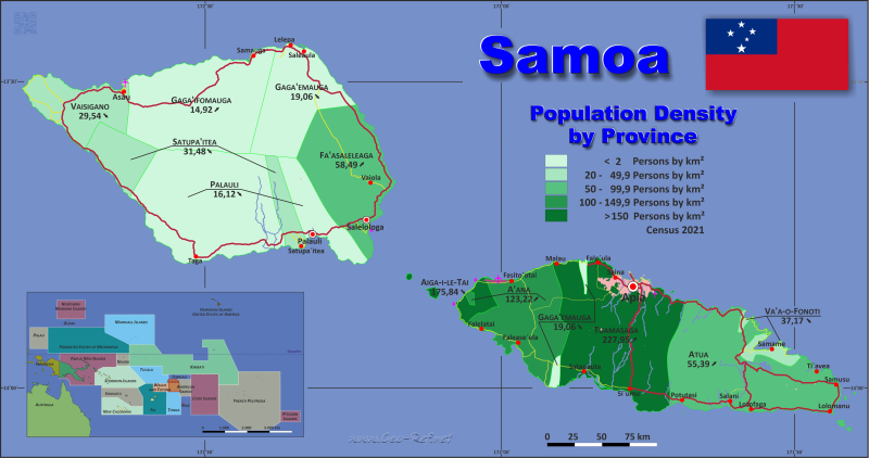 Mapa Samoa Divisin administrativa - Densidad de población 2021