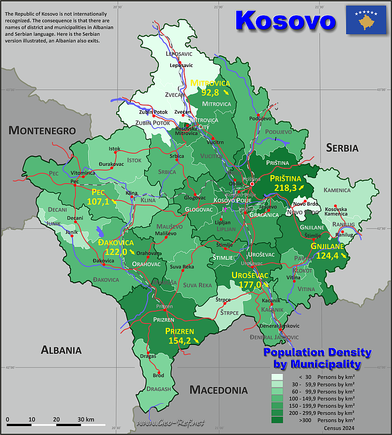 Karte Kosovo - Verwaltungsstruktur - Bevölkerungsdichte 2021