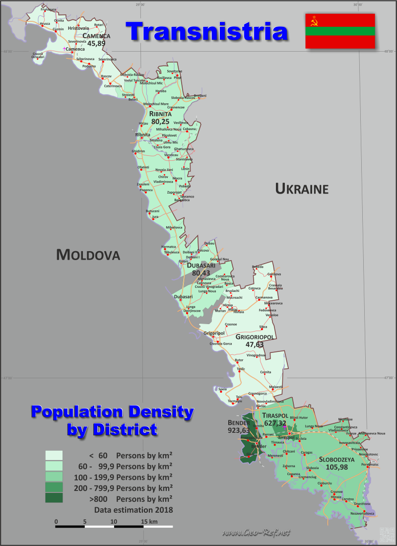 Mapa Transnistria Divisin administrativa - Densidad de población 2018